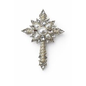 Vintage Napier Pearl Rhinestone Cross Brooch Gold Tone Statement Pin